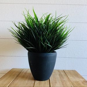 Faux green plant in black pot